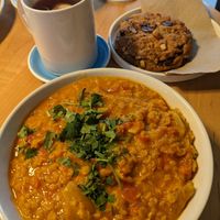Red lentils Dahl with enlightened vegan cookie at Mary Be Kitchen in Toronto