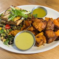 Tofu with California quinoa and roasted sweet potatoes  at Mary Be Kitchen in Toronto