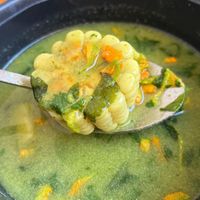 Giant piece of corn in my sopa de guías  at Hierba Dulce in Oaxaca