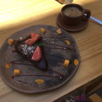 Chocolate cake - I think 80 pesos, machiatto 33 pesos  at Hierba Dulce in Oaxaca