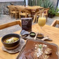 Red bean soup, mango drink, enchiladas  at Hierba Dulce in Oaxaca