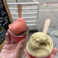 strawberry & dark chocolate (left), vegan pistachio (right)  at Bobboi Natural Gelato in La Jolla