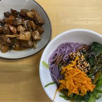 Side dish (three-cup king oyster mushroom) and sesame oil spicy sweet potato noodles at Jí Zhàn SùShí 吉棧素食 in Taichung