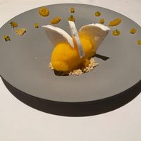 Tangerine Sorbet with corn crumble and ultralight meringue (made with aquafaba) at Cafe Des Artistes in Puerto Vallarta