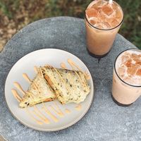 Vegan Breakfast Burrito with iced chais. at Trilogy Coffee in Kilauea