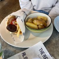 Vegan meatball wrap + new potatoes at The Real Greek in Windsor