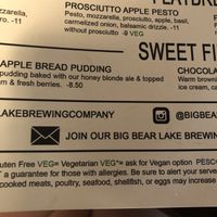 Veganizable options labeled on menu. at Big Bear Lake Brewing Company in Big Bear Lake
