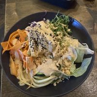 Satay bowl with a cheeky side order of excellent chips!  #Veganuary at Seeds for the Soul in Edinburgh