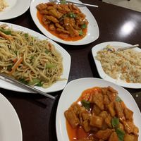 Fried rice, noodles and chicken in (very) sweet and sour sauce. at Pato Beikin in Valencia