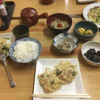 Eggplant (black thing to the right), soup, veggies, vegetable tempura, pasta at Tsujigahana in Matsuyama