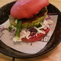 Vegan version of the Billie Green burger ~ Weird colours but very tasty. at Culture Burger Joint in Nelson