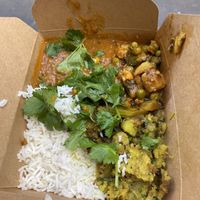 Box with 3 curries and a rice  at Gujarati Rasoi - Borough Market Food Stall in South East London