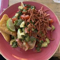 Avocado brunch with added hash browns and vegan bacon   at Teatro Lounge in Clevedon