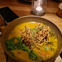 Curry noddle wok dish - v good at Justo Restaurant in Medellin