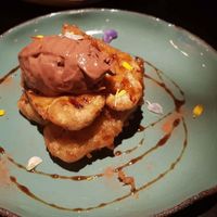 Banana tempura with cacao ice cream at Justo Restaurant in Medellin
