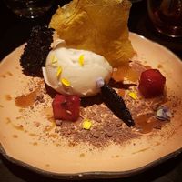 Guanabana pannacotta with vodka watermelon and black sesame seed brittle at Justo Restaurant in Medellin