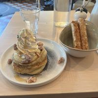 Seasonal special- semla pancakes, with vegan sausage    at STHLM Brunch Club in Stockholm