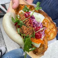 Crumbed eggplant bao at Farm Gate Market in Hobart