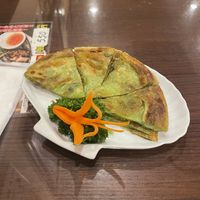 Green onion pancake (really green!) with cute carrot  at Koukien in Yokohama
