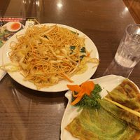 Yakisoba and green onion pancake together  at Koukien in Yokohama
