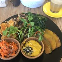 Build your own meal - BBQ tempeh, sautéed spinach and mushrooms, roasted pumpkin, fermented carrot, and turmeric hummus. at Two Trees Eatery in Tibubeneng