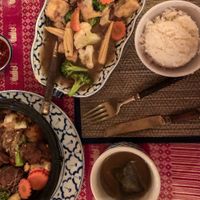 Vegan duck with glass noddles in hot pot and Lad Na with vegetables and tofu.  at Thai House in Ardsley