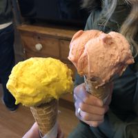 Mango and strawberry gelato on waffle cones  at Gelateria Crema e Cioccolato in Scarborough