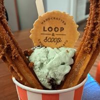 Biscoff churro loop, with biscoff ice cream and mint ice cream at Loop & Scoop in Glasgow
