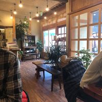 Interior. Vegan cereal and milk sold by the counter at Cafe Nature in Kurashiki