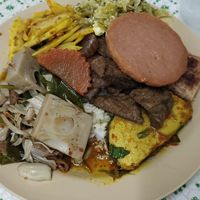 Rice, curries (tofu, jackfruit, etc.), fake meats - 120 Baht at Vegetarian Food - Amphoe Thalang in Phuket