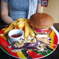 Burger with amazing beyond meat patty at Hemingway's By The Bay in Outlying Islands