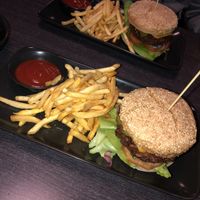 Plant based burger and fries  at The Sporting Globe in Richmond