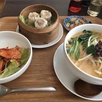 Tantan men noodles, mushroom dumplings and kimchi  at Veggie House in Chiba
