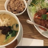Tantanmen noodles and sweet and sour “pork”. Two of the best dishes on the menu!  at Veggie House in Chiba