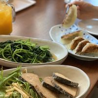 Simple fried fish (vegan), seasonal vegetables and jaozi (vegan) at Veggie House in Chiba