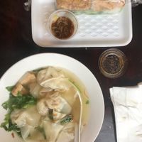 Tofu rice wraps and tofu wonton soup with delicious broth. at Nom Nom Cafe in Olympia