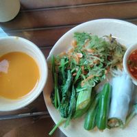 Pumpkin soup, vegs, salad and spring rolls at Tu An in Hanoi