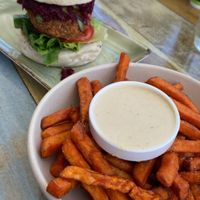 The OG burger and the sweet potato fries with vegan Mayo   at Cafe Nowa in Petersham