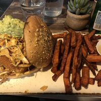 Tofu satay burger with sweet potato fries at Cafe Nowa in Petersham