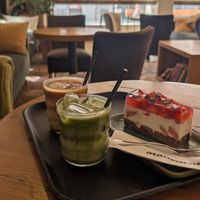 Mango matcha latte and strawberry cake! Delicious. at Mangolds in Graz