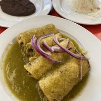 Enchiladas with side of rice and beans at Jardin La Reserva Restaurante in San Cristobal De Las Casas