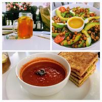 Vegetarian tomato soup is magically transformed to a vegan dish without the cream. Chef swapped out the mozzarella for avo and toasted with olive oil. Lovely!  at Mugg & Bean - Lonehill in Johannesburg