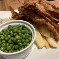 Vegan fish and chips with garden peas at The Saltwater Inn in Porthcawl
