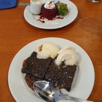 Red velvet cake and salted caramel brownie with vegan vanilla ice cream at The Saltwater Inn in Porthcawl