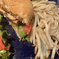 Gardein sandwich with cilantro and lime flavors and matchstick fries. (Fries are cooked with non-vegan food and waiter informed me of that! Yay!)  at Food For Thought in Williamsburg