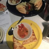 Pita with sun-dried tomatoes, unreal vegan cheesesteak, red potatoes   at Food For Thought in Williamsburg