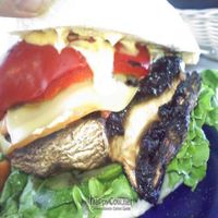 Portobello sandwich upclose.  Zuchcuni, roasted red pepper, smoked gouda, tomato, and flavored mayo.   at Food For Thought in Williamsburg