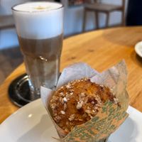 apple cinnamon muffin & latte macchiato with oat milk   at Kaisers Gute Backstube in Loerrach
