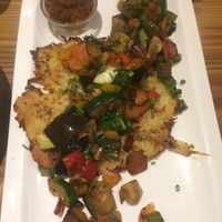 Vegan option: two XL sized rösti’s with grilled vegetables and tomato salsa at Panorama in Winterberg