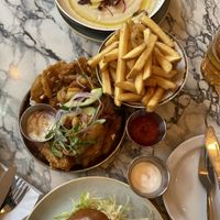 Beyond burger, onion bhaji, skin-on fries, cauliflower soup at The Spread Eagle in East London